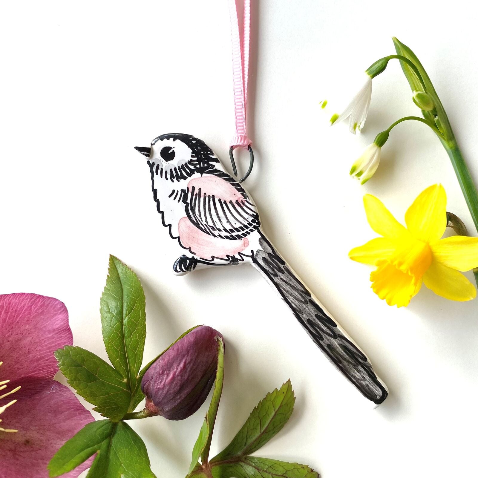Longtailed tit hanging pottery