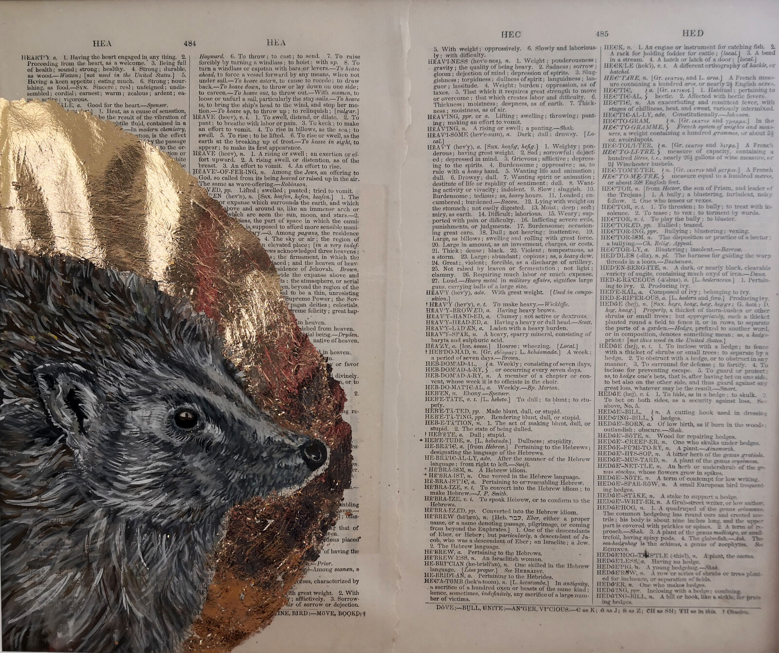 Hedgehog on 1858 Dictionary Paper with copper leaf