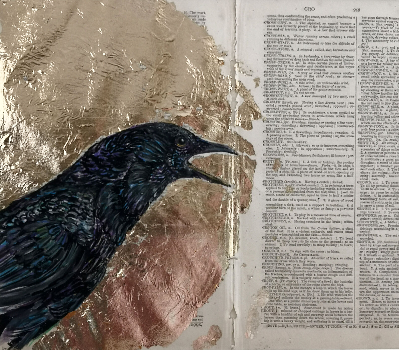 Crow on 1858 dictionary paper with copper leaf