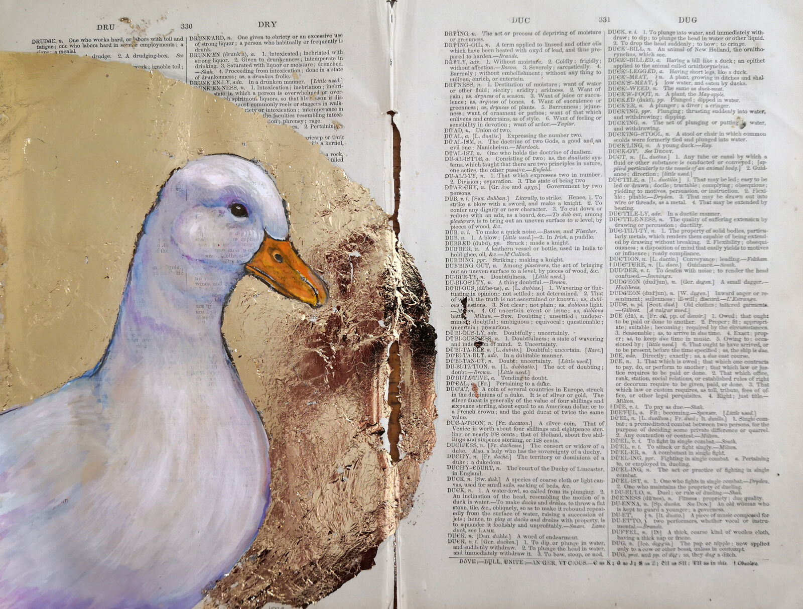 Duck- with copper leaf on 1858 dictionary paper