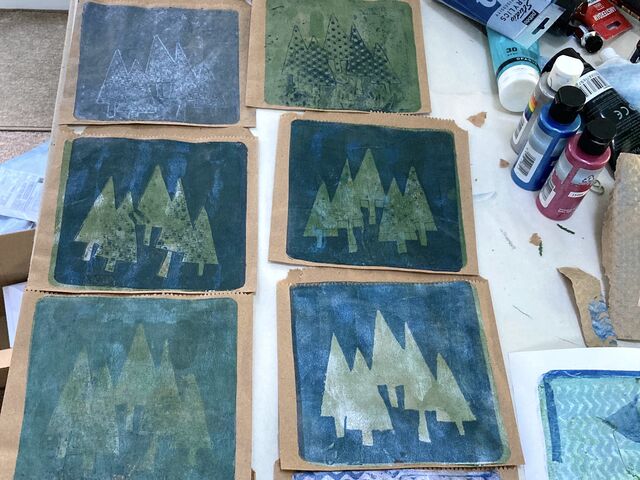 Gel-printed paper bags with trees