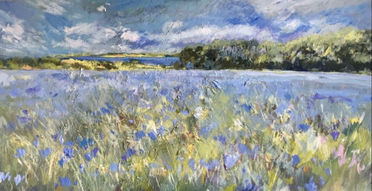 Rutland Flax Fields . Mixed media on wood panel.