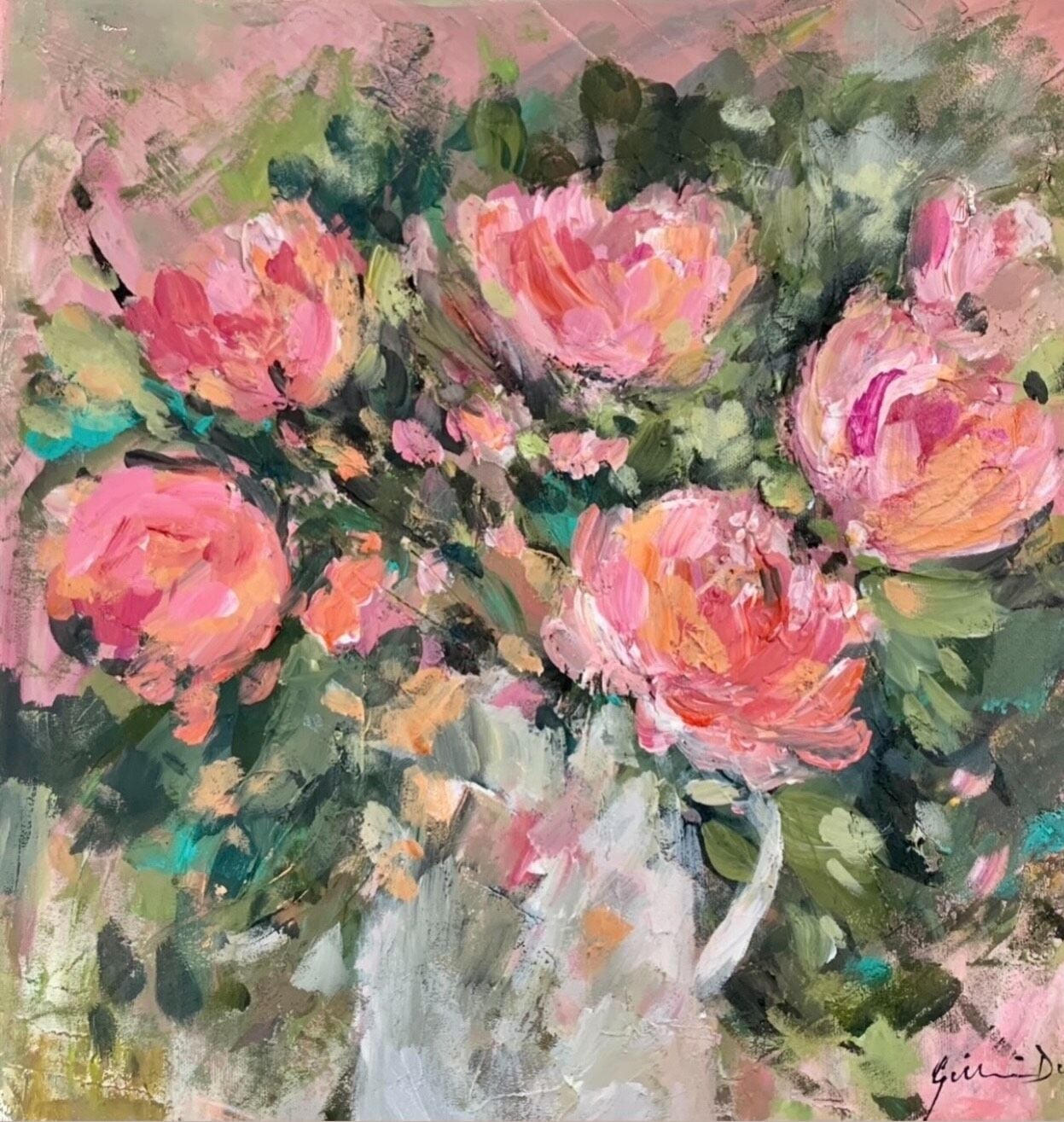 White Jug of Roses. Mixed media on Canvas. Framed