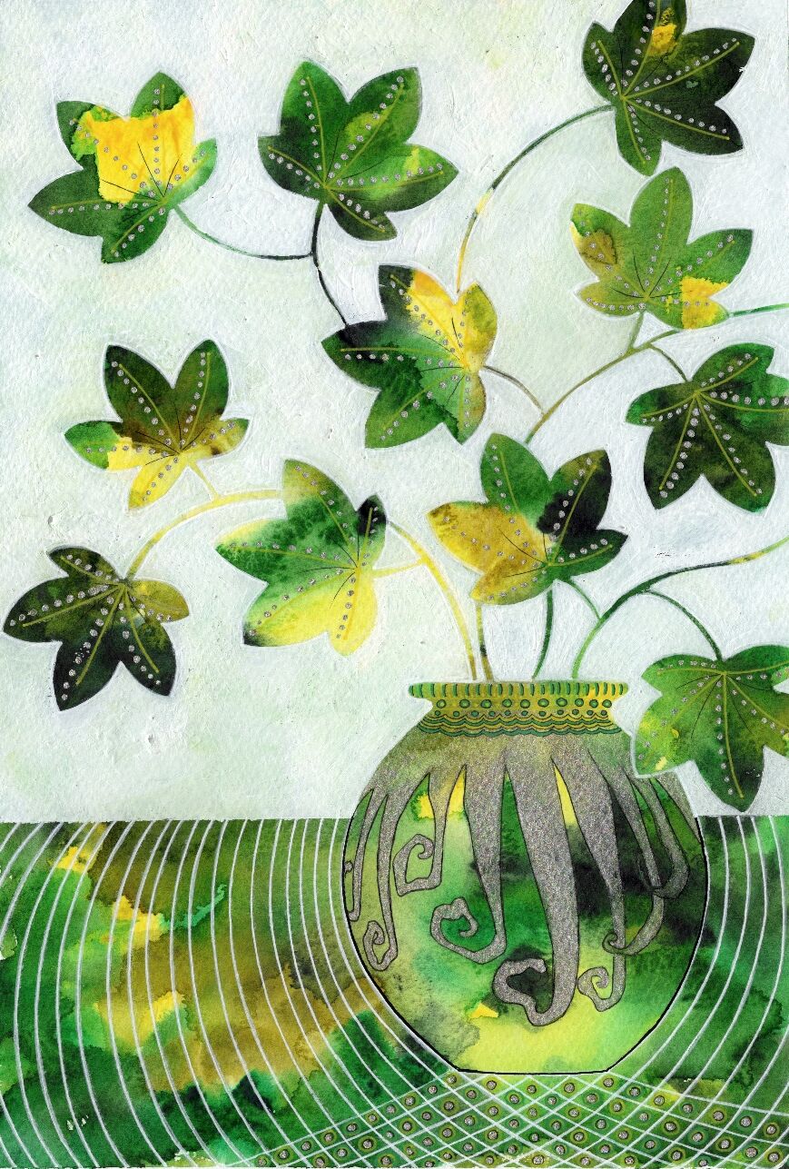 GREEN LEAVES & GOLD VASE (REDACTED)