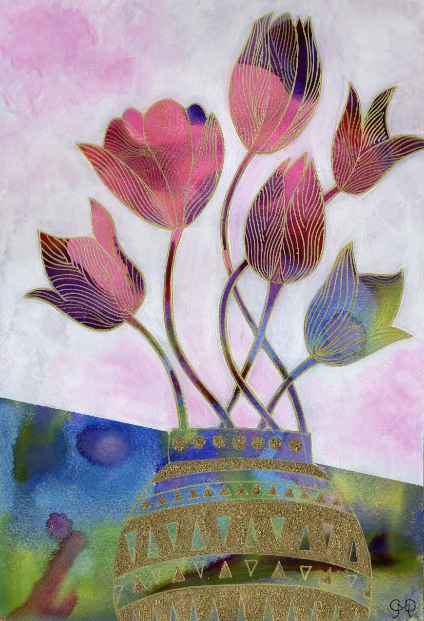 TULIPS & GOLD VASE (REDACTED)