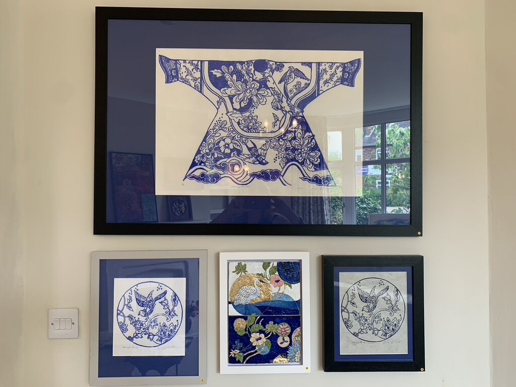 Set of Lino Prints: 'Blue Floating Robe', Blue and Indigo Kanxi Bird, Korean Wedding Crane