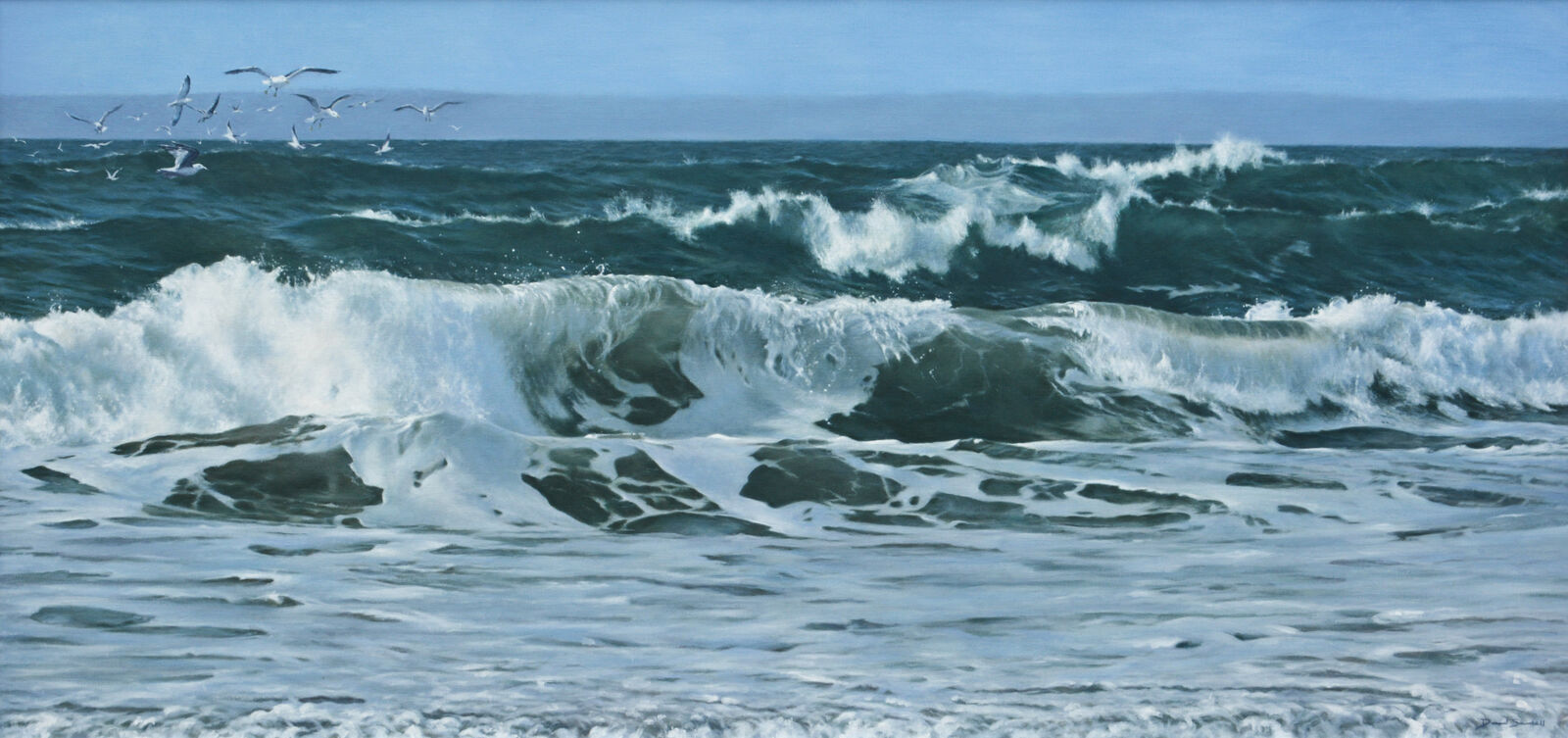Church Cove II is a large oil painting on linen approx 150 cm wide. Church Cove is one my favourite locations situated on the Lizard Peninsula in Cornwall.