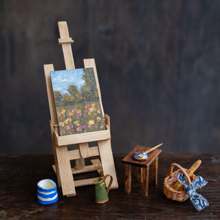 Miniature meadow painting and handcrafted easel, table, paint palette, basket and jug