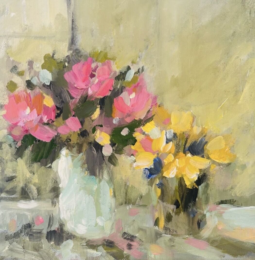 Vase of Tulips and Narcissi on the windowsill