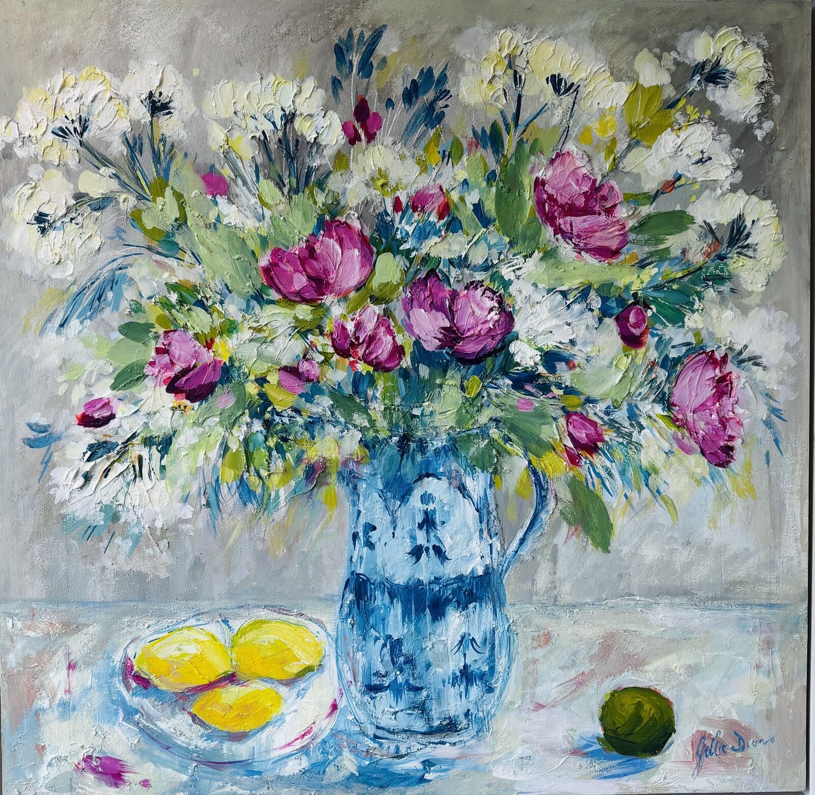 Double Tulips with Cow Parsley and Lemons