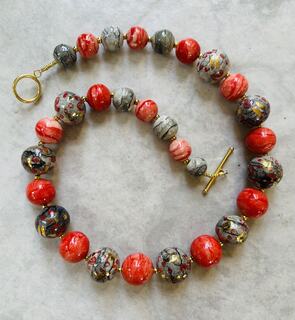 Crimson and Gold Ceramic Bead Necklace by Jane Sanders