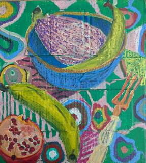 Pomegranate, aubergine and plantains by Emma Lindsay