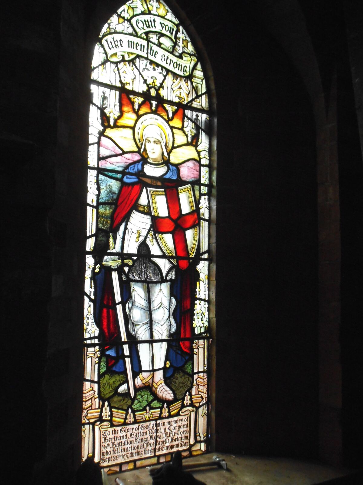 St George, Restored WW1 memorial window, St Saviours, Leicester.