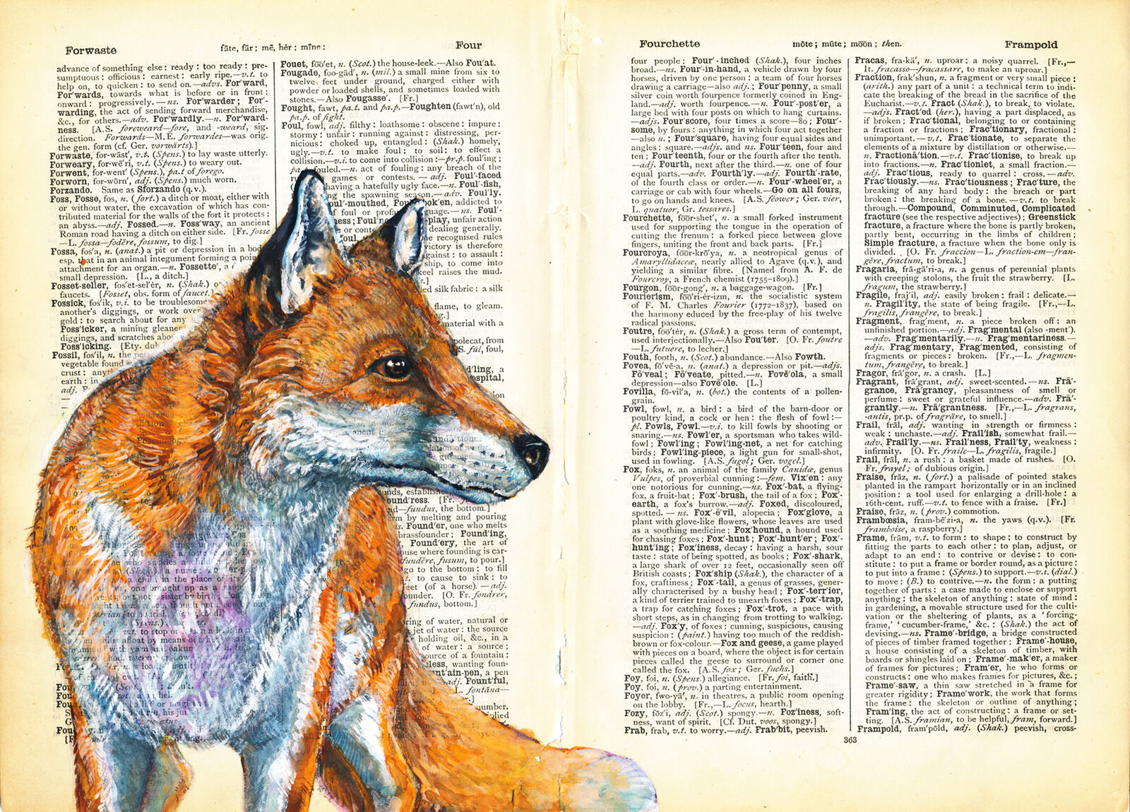 Fox (standing) on Dictionary Paper- by Katy Dynes
