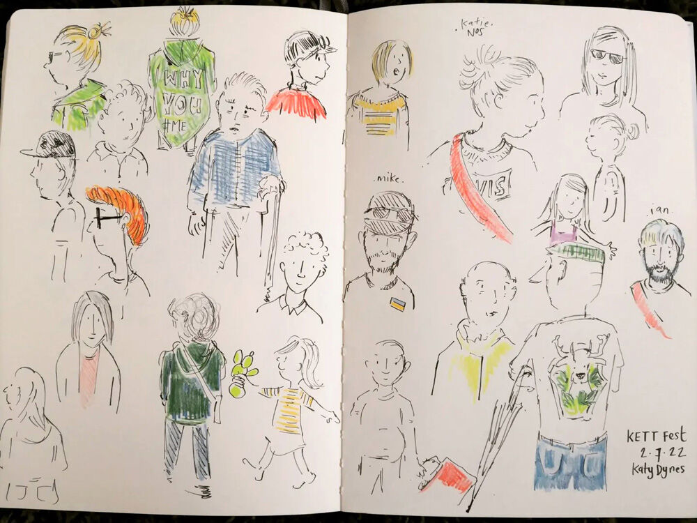 Drawings of people at KettFest- by Katy Dynes 2022