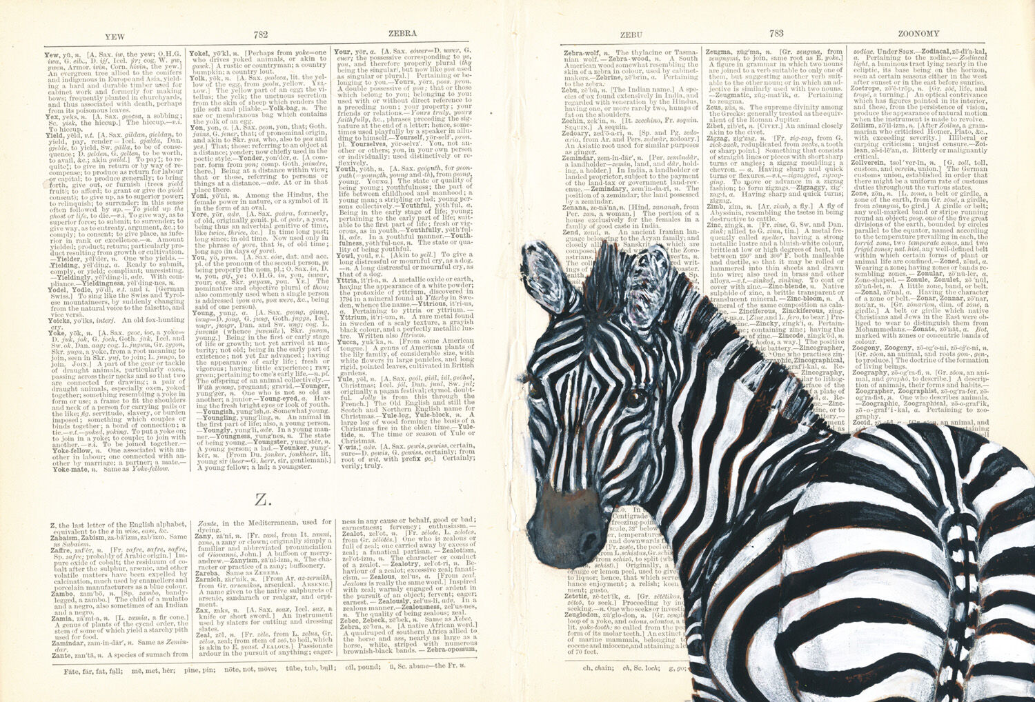 Zebra on 1892 Dictionary Paper- by Katy Dynes