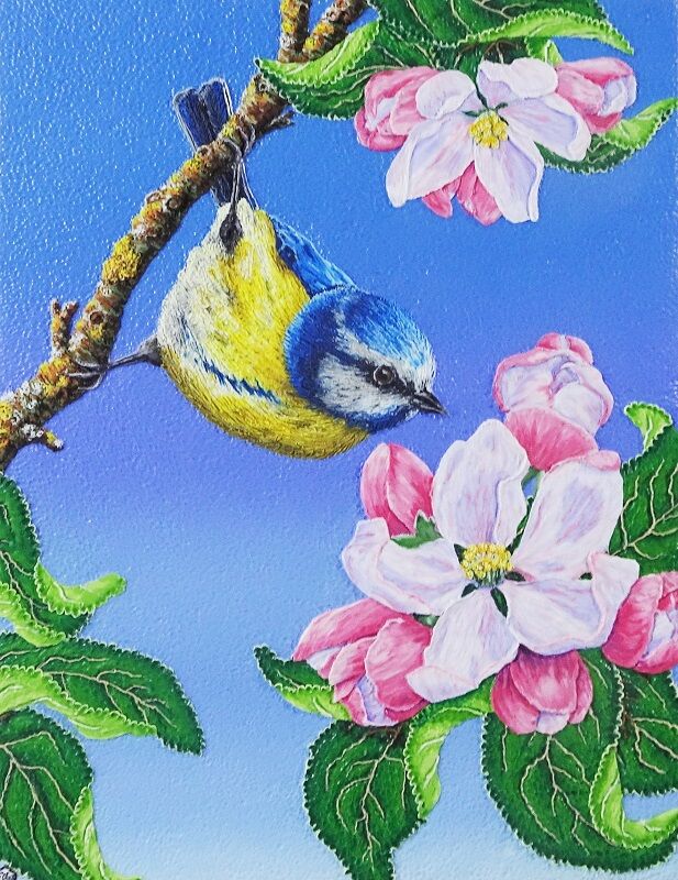 Blue Tit on Apple Blossom - Polymer Clay Painting