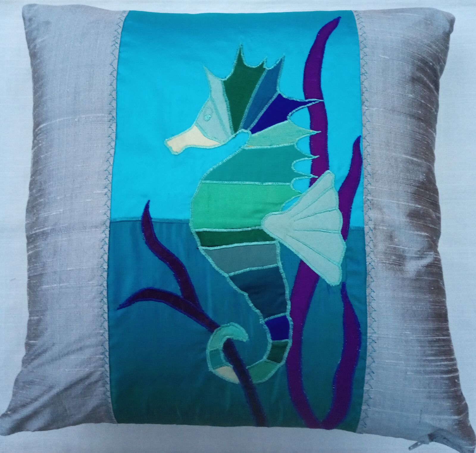 Sea Horse panel on Siver silk cushion