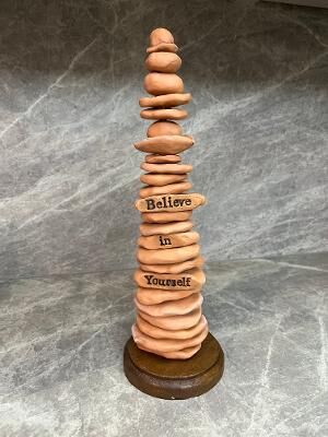 Ceramic cairn on a wooden base - Believe in Yourself