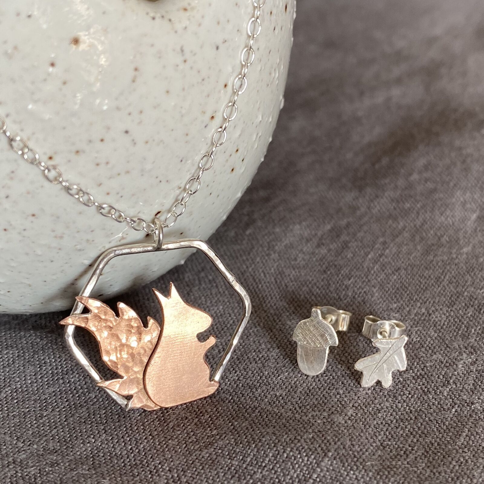 Copper Squirrel Necklace, Acorn and Oak leaf studs