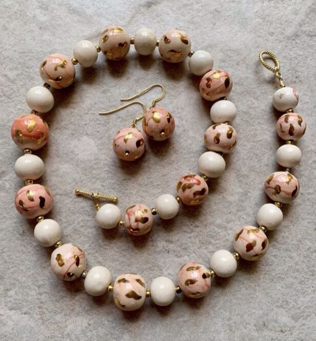Coral cream and gold necklace and earrings