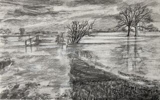 Monochrome drawings and paintings.