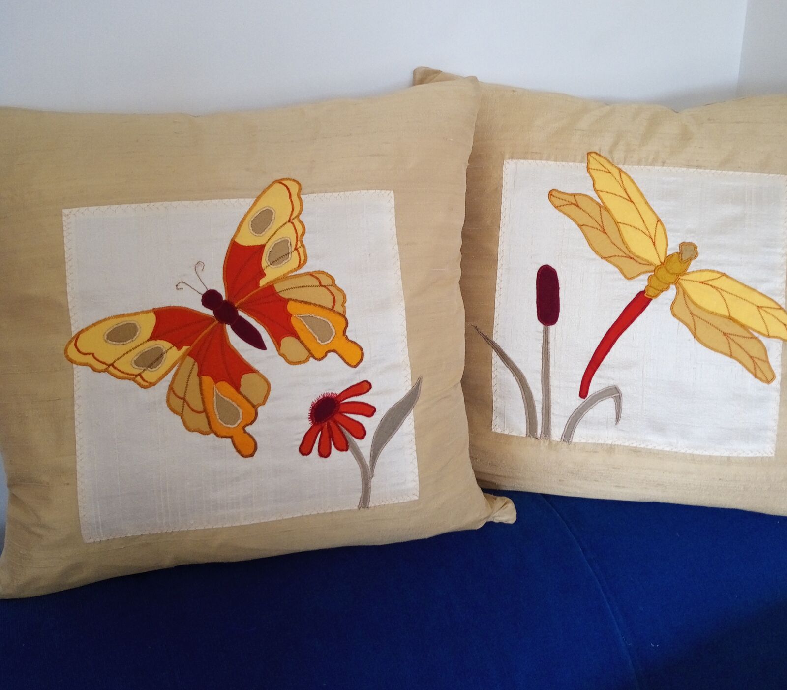 Butterfly and Dragonfly pair of silk cushions